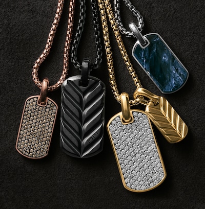 Image of David Yurman Chevron necklaces on black background. Tap to Shop Mens jewellery image