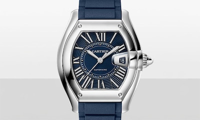 Cartier Roadster watch with Leopard in the background with Cartier logo image