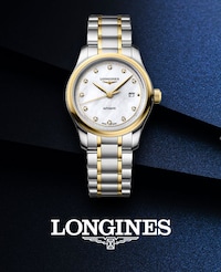Image of longines watch on blue background - tap to shop all longines image
