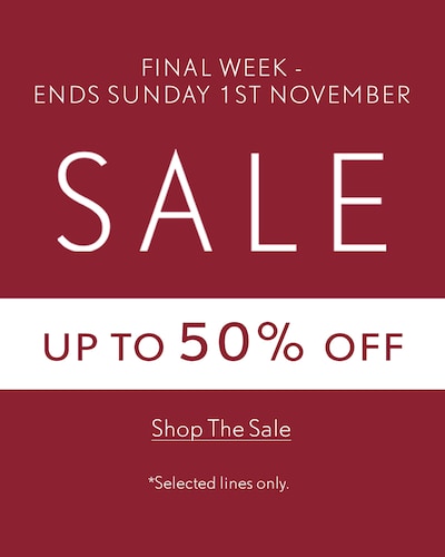 Image of red sale banner - up to 50% off sale. Final week ends sunday 1st november image