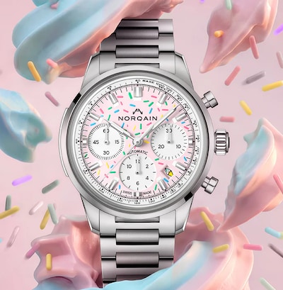 Norqain Enjoy Life Freedom Chrono watch in ice cream with sprinkles. Tap to shop collection image