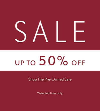 Red sale banner which reads Up to 50% off Pre-Owned - selected lines only. Tap to shop the pre-owned sale. image
