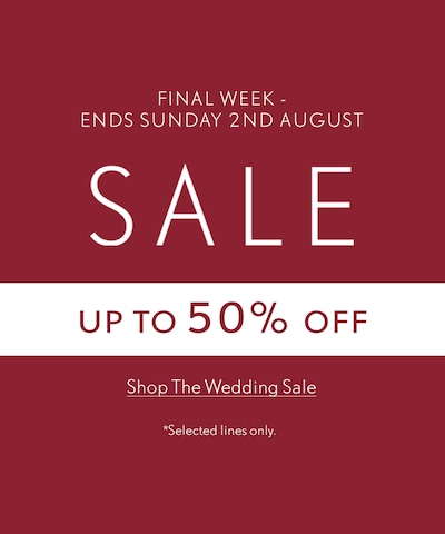 Red sale banner. Sale - Up to 50% off selected lines only. Final week ends Sunday 2nd August. Tap to shop the wedding sale image